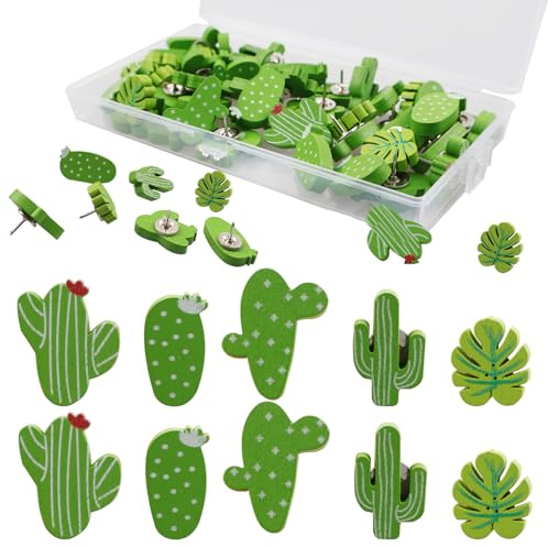 XIANJIA 50 Pièces Punaises Cactus en Bois, Lot de Punaises Murale Tableau Liège, Punaise Décoratives Forme Cactus, Thumbtacks Mignons pour Tableau À Épingler, Bureau, Organisation et Décoration