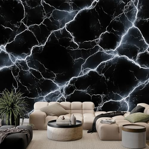 Wall Murals White Lightning Veins Marble Non-Woven Photo Wallpaper, Black Wall Mural Decorative for Living Room Bedroom Bathroom Photo Wallpaper 200 x 140 cm (W x H)
