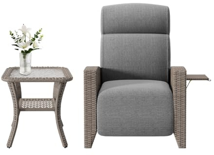 Rattansessel,handgeflochtenem Premium Gartenliege aus PE-Rattan, verstellbar (bis 165°) | Mit Klapptisch & Fußstütze | Wetterfest inkl. Kissen & Abdeckung | Für Balkon & Garten (B-(L)+Couchtisch)