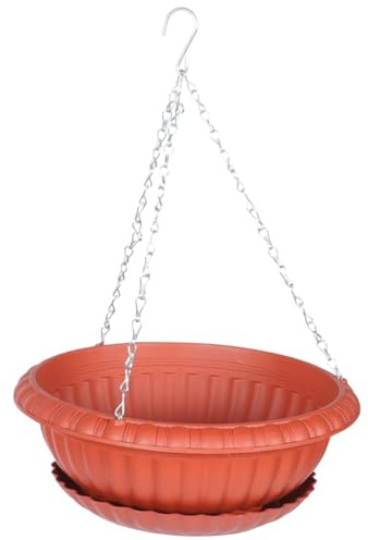 ifundom Pot Suspendu Extérieur Chaîne en Fer et Plateau, Jardinière Ronde 29 Cm de Diamètre, Couleur Brique Rouge, Jardinière Suspendue pour Balcon et Plantes D'intérieur, Bac