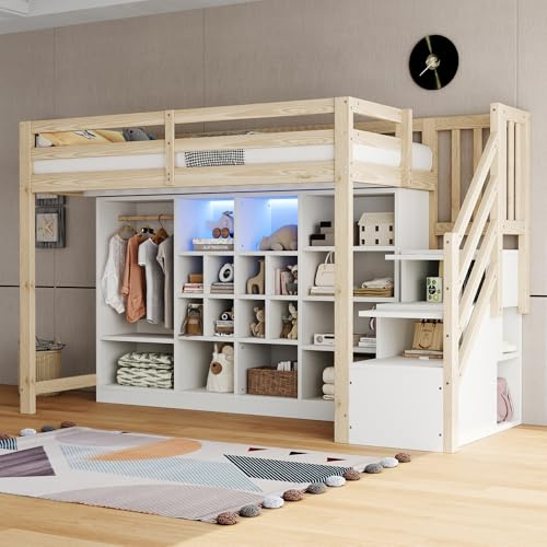 Xwiny Hochbett 90 x 200 cm mit LED-Beleuchtung, Kinderbett mit Stauraumschränken und Einem Einfachen Kleiderschrank, Stauraumbett mit Integrierter Seitenleiter, Holzfarbe(Ohne Matratze)