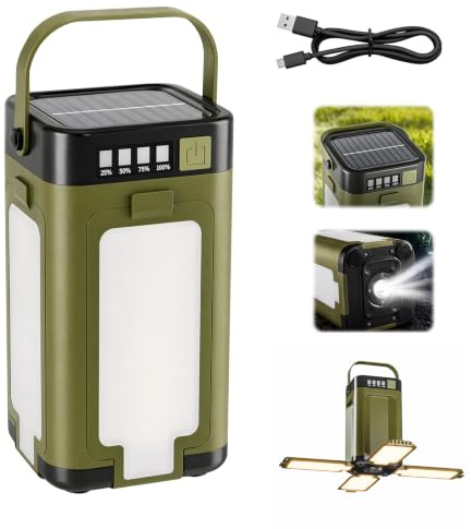 Campinglampe Solar USB-C, Faltbares Camping Licht mit Haken für Outdoor | 4 bewegliche Leuchten, 6 Modi, 2000mAh Akku, IPX4 wasserdicht, campinglampe solar und camping licht solar für Camping