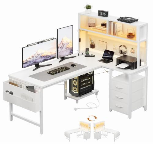 YOUDENOVA L-form skrivbord reversibelt, spelbord med LED, uttag och USB, hörnskrivbord med hylla och hålvägg, 3 lådor, datorbord för kontor, vardagsrum, hemmakontor, spel, 135 x 100 vit