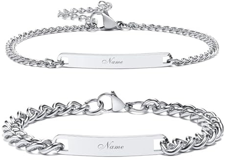VNOX Personalised Couple Bracelets, Engraved Matching Set for Him and Her | Personalised with Names Dates Or Message, Stainless Steel Matching Bracelets for Couples, Adjustable by Removing Links