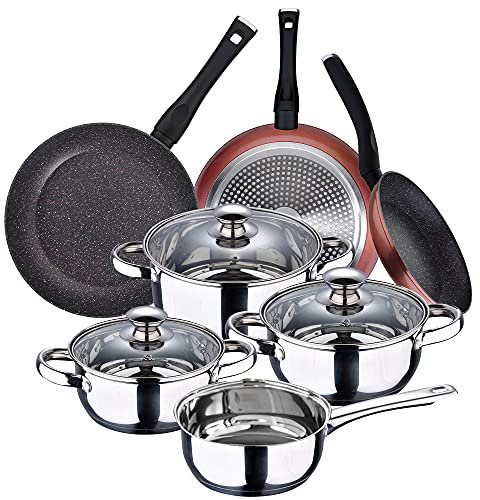 San Ignacio Batería 7 piezas colección Faro y Set 3 sartenes Ø20/Ø24/Ø28 cms, aluminio forjado, antiadherente, inducción