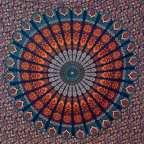 MOMOMUS Wandteppich Mandala - Mehrzweck, Bunt, 100% Baumwolle - Ideal als Wandteppich Aesthetic, Wandtuch Boho, Indischer Wandbehang aus Stoff oder Wall Tapestry - Blau und Rot, 210x230 cm