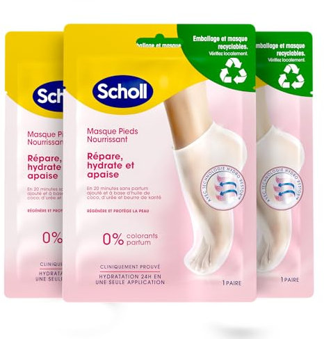 Scholl Masque Pieds Lot de 3 Nourrissant à l'Huile de Noix de Coco: Sans parfum ni colorants pour peaux sèches. Chaussettes hydratantes non grasses, faciles à utiliser. Emballage et masque recyclables