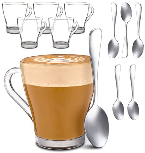 Cosumy 6 Tazze da Cappuccino in Vetro con 6 Cucchiaini - 250ml - Mantengono il Calore - Lavabili in Lavastoviglie adatto alle Microonde - Temprato Tazza Caffe