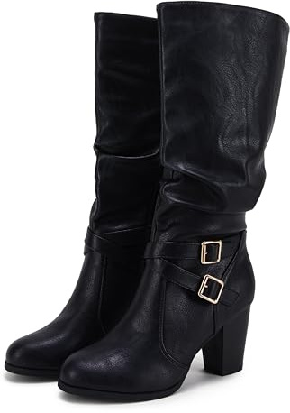 Ermonn Womens Slouchy Knee High Boots Stacked Mid Heel Ankle Strap Metal Buckle Side-Zip Shoes