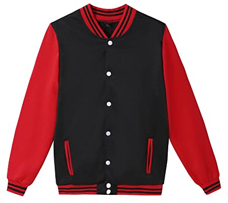 Mowbeat Women Baseball Jacket Varsity Uniform Unsex Adult Long Sleeve Baseball Shirt Casual Loose Cardigan Men's Track Jacket (Black-Red,M)