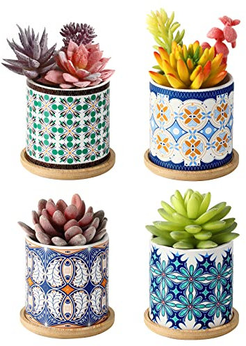 Lewondr Set di Mini Vasi per Piante Grasse, 4 Pezzi Vasi Cilindrici Decorativi in Ceramica con Rivestimento di Motivi Simmetrici Colorati, con Foro di Drenaggio e Sottovaso in bambù, Multicolore