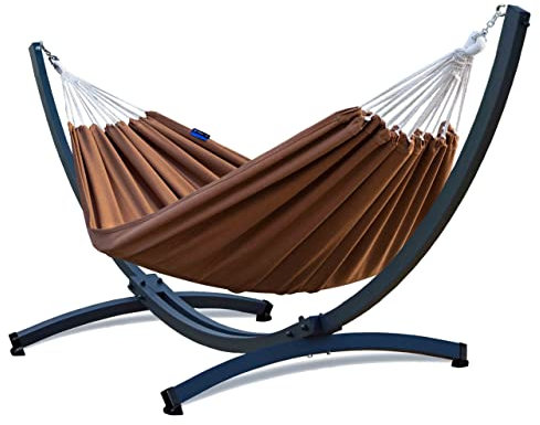 Potenza Outdoor Hängematte mit Verzinkter Tytan Gestell für 2 Personen I Baumwolle Doppelhängematte XXL 220x160, 200kg I Hängemattengestell 350 kg, wetterfest (Toffee, Basic Gestell Graphit)