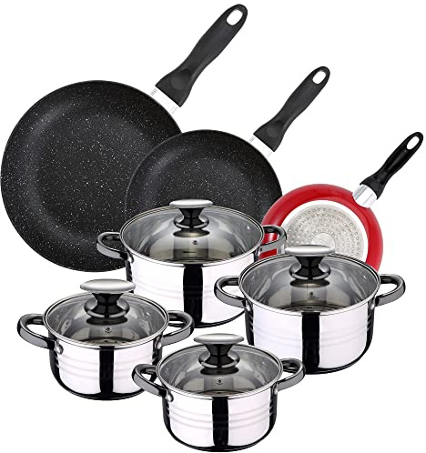 Batería de Cocina 4 cacerolas (1,9L + 2,7L + 3,5L + 5,1L) con 4 Tapas de Vidrio y 3 sartenes Ø16Ø20Ø24 en Acero Inoxidable apta para inducción