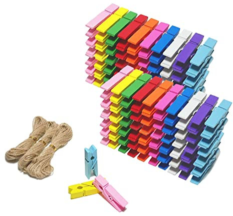 CUWELT 250 x Farbige Holzklammern Mini mit Juteschnur, 3,5CM Bunte Kleine Klammer, DekoKlammern, Wäscheklammer für Fotopapier Fotowand Clothespins DIY Handwerks Basteldekoration mit 30m Jute Twine