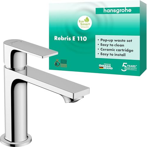 hansgrohe Rebris E miscelatore per lavabo, rubinetto per bagno con altezza bocca 110 mm, con scarico a tirante, miscelatore per bagno a risparmio d'acqua, cromo