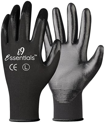 I9 Essentials 12 Pairs PU Coated Work Gloves – Black Safety Grip Gloves for Construction, Warehouse, Assembly & General Work | Lightweight Protective Gloves for Men & Women (Large)