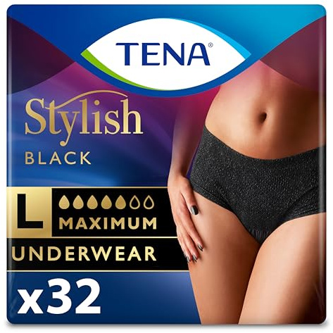 Tena Stylish Black Incontinence Underwear for Women, Maximum Absorbency, Adult Diapers, Large (Waist Sizes 37in-50in), 32 Count (2 Packs of 16)
