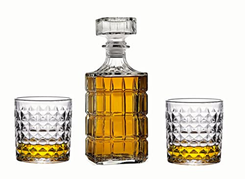 Kristall-Dekanter-Set mit Gläsern, 765 ml, elegante Likörkaraffe mit kunstvollem massivem Glasstopfen und 6 passenden Whiskygläsern, perfekt für Scotch-Whisky, Cognac, Tequila und andere Liköre