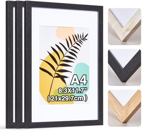 HOUSE DAY A4 Picture Frames Set of 3, Wooden Black Photo Frames for Wall Mount, Family Photos with Clear Perspex Sheet, A4 Wall Frame for Certificate Photos or Poster 29.7x21cm