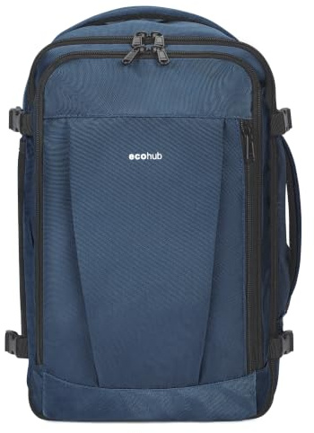 ECOHUB Rucksack Easyjet Handgepäck, Handgepäck Rucksack Flugzeug Herren mit 13 Taschen, Wasserdichter Recyceltes PET Reiserucksack, Groß Reisetasche 30L, 45x36x20 (Blau) | Diebstahlschutztasche, unter dem Sitz, SBS-Reißverschlüsse, Öffnung um 180 °, wasserdicht, recyceltes Material
