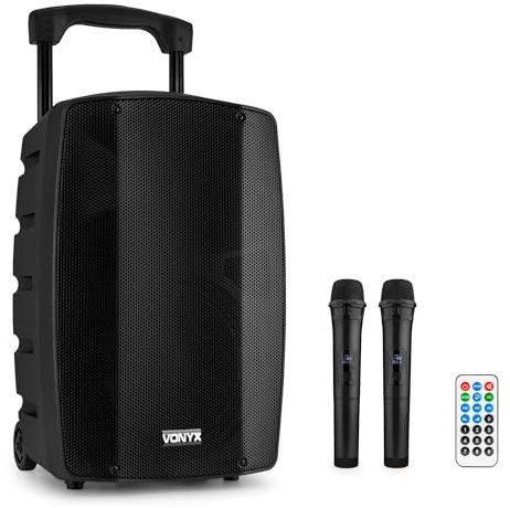 Vonyx VSP200 Musik Box 200 Watt Partybox mit Zwei Mikrofonen, Musikbox Bluetooth Lautsprecher, tragbare Akku Soundbox, BT 5.0, USB, SD, MP3 Player, Party Speaker - Schwarz