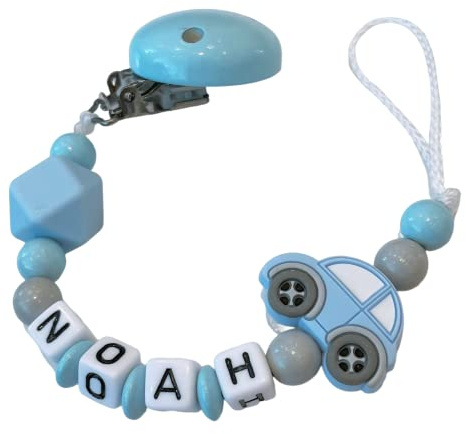personalisierte Kette mit Namen für für Mädchen Junge Baby Geschenk personalisiert zur Geburt & Taufe große Farbauswahl süße Tiere (Blau Auto)