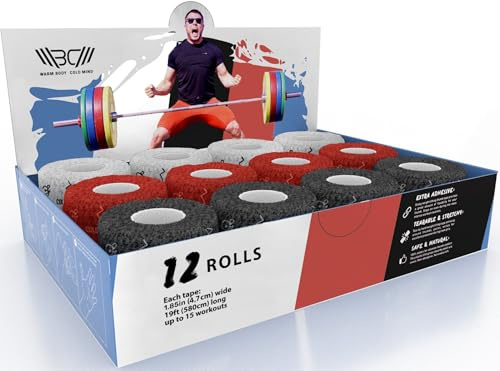 WARM BODY COLD MIND 4,7cm Hook Grip Tape für Gewichtheben - Weightlifting Tape für Crossfit, Krafttraining, Sporttape, Baumwolle Thumb Tape, Daumen Tapen (12 Rollen Mix V1)