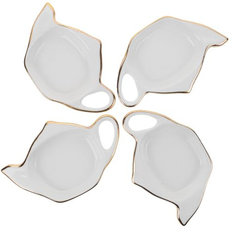 BESTOYARD Ceramic Tea Bag Holder 4pcs Teapot Shaped Teabag Coaster Tray with Gold Edge Spoon Rest Tea Time C-addy Storage Rack Saucer Seasoning Dish for Home Kitchen