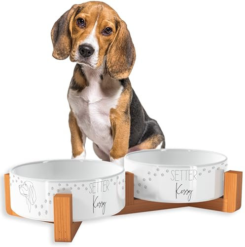 OWLBOOK® Futternapf Hund mit Wunschtext Fressnapf Hund Hundenapf Keramik mit Bambus Gestell Futterstation Keramik Futternapf Napf Wassernapf für Hunde | Setter | Keramik, Bambus 300 ml