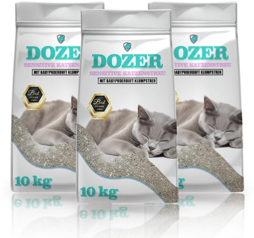 Katzenstreu 30 kg - Klumpstreu Bentonit Dozer Sensitive mit Babypuderduft - staubarm und geruchsbindend - Premium Klumpstreu 39 Liter, 3x10 kg