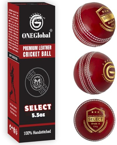 ONEGlobal Select Cricketboll i läder | 100 % handgjord, 156 g - 5,5 oz, 4-delad konstruktion | Perfekt för T20, nätträning, träning etc. (Välj, 3-röd