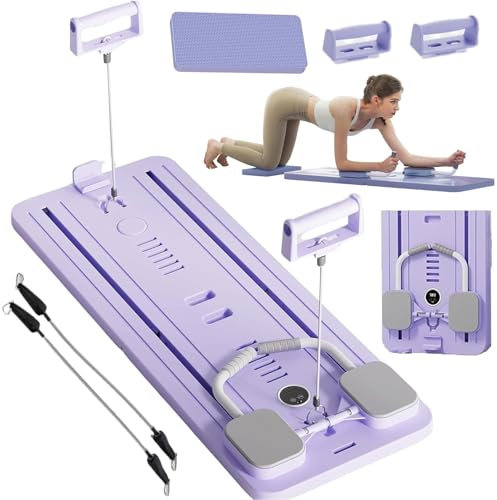 ExeractFit Pilates reformer-maskin, brädset, magrulle, övningshjul, automatisk återstudsning, vikbar pilatesbräda, magträningsutrustning med motståndsrep och timer(Lila utan Grepp)