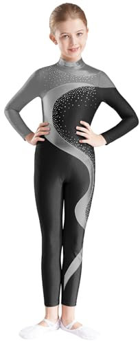 Sywiyi Mädchen Gymnastikanzug Langarm Overall Jumpsuit Einteiler Turnbody Tanzbody mit Strass Kinder Yoga Sport Tanz Turnen Kleidung Grau&Schwarz 170