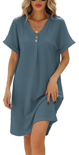 Famulily Women Casual Summer Dresses Elegant Braided Texture Sundress Roll-up Sleeve Shirtdress V Neck Button Short Dress