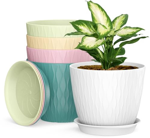 17cm Plant Pots Indoor, 5 Pack Plastic Planters with Drainage Holes and Saucer, Decorative Stripe Grooves Flower Pots for Indoor Outdoor Houseplants（Multicolor）