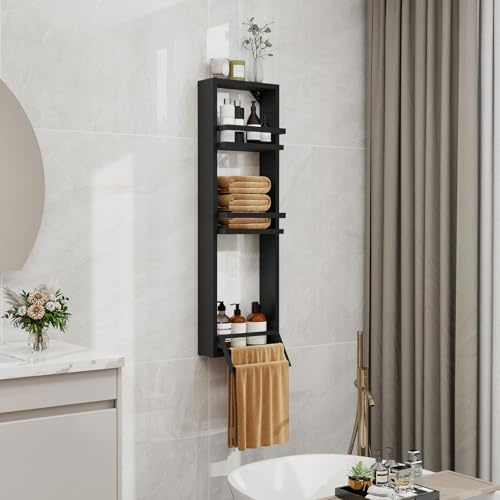ZealWe Wandregal 3 Ebenen Badregale, Badezimmerregal mit Handtuchhalter, Badezimmer Regal Wand 30x100x10cm, Toilettenregal Hängeregal aus Holz und Metall, Wandablage Platzsparend, Schwarz