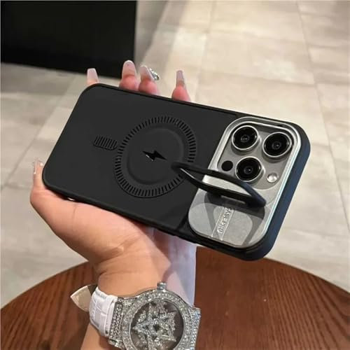 VFDHN Standhülle für iPhone 16 15 14 Plus 13 12 11 Pro Max Abdeckung Magnetischer kabelloser Ladekameraobjektivhalter Weich Matt, Schwarz, Für iPhone 16