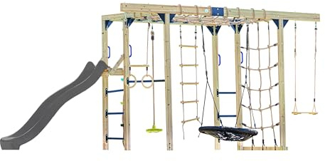AXI Boris Juego de Escalada para ninos de Madera Marron con tobogan Gris | Estructura para trepar Equipada para ninos con Diferentes Columpios, Trapecio, Redes para trepar y Barras de Mono.