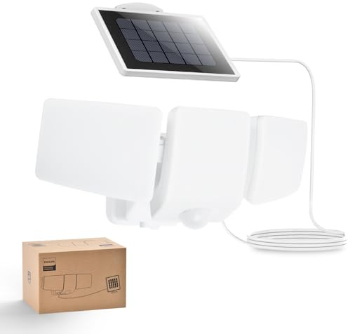 Philips lampe de Sécurité Solaires 3600LM, Étanches et Gradables à Détecteur de Mouvement LED pour Extérieur, 3 Têtes Orientables avec Câble de 5m, Panneau Solaire Séparé avec 3 Modes