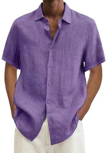 Chemise hawaïenne colorée pour homme - Couleur unie - Manches courtes - Double poche - Col rabattu - Boutonnière - Manches longues, lilas, 4XL