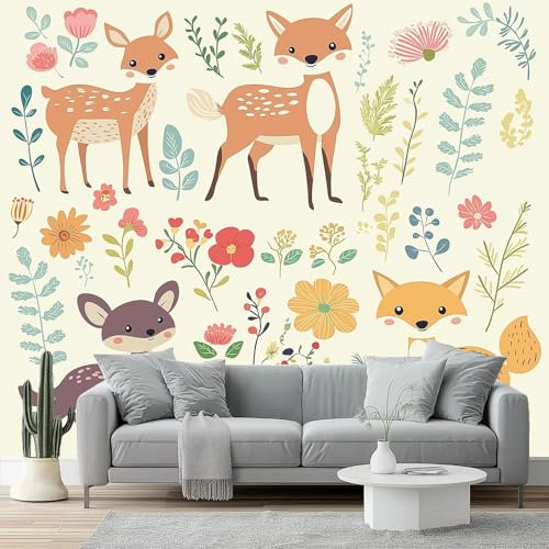 Fotomurales Bosque infantil con ciervos y zorros Papel Tapiz Moderno 200 x 140 cm Papel pintado tejido no tejido coración Pared corativos Sala Living Oficina Dormitorio Rosa Verde