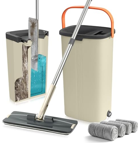Set di mocio con secchio 2 in 1, con testa girevole a 360° e funzione strizzante, secchio con manico in acciaio inox e 4 cuscinetti in microfibra, sistema di pulizia a mano, per parquet, laminato e
