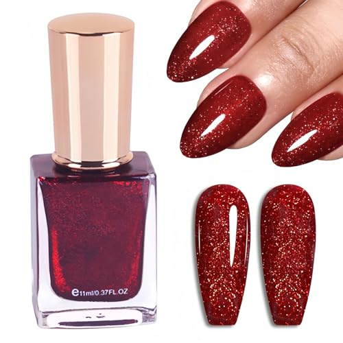 Dark Red Nail Polish - Glitter Red Nail Varnish Quick Dry - Highly Shiny & Chip Resistant Burgundy Nail Polish Glitter - Sparkly nail polish Red for DIY Nail Art, No Need UV Lamp