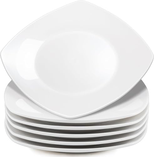 Kinmsito 6 Stück Porzellan Speiseteller, Eckig Teller Set, Weiß, 26.5 cm | Dessertteller Aus Porzellan, Kuchenteller, Frühstücksteller, Essteller Set for Vorspeisen, Salatteller, Dessert