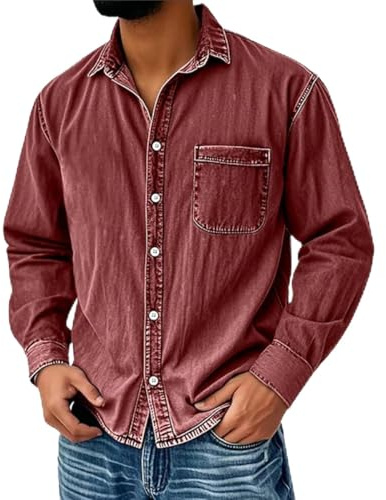 Chemise vintage en jean délavé classique à manches longues boutonnée Style rétro avec poches poitrine Haut en jean décontracté coupe ajustée Design moderne pour le travail ou le quotidien M, L, XL