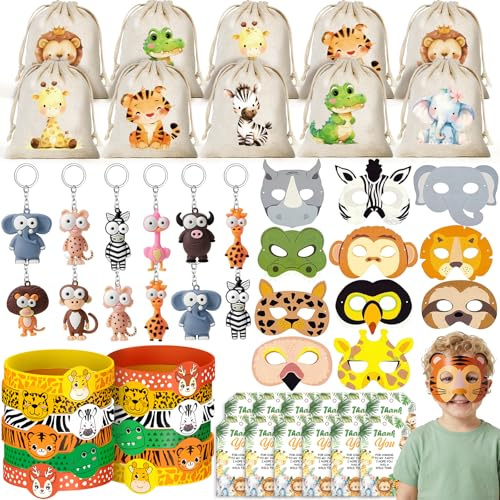 G.C Cadeau Anniversaire Enfants Invites Animaux Jungle Thème Party avec Masque Animaux Porte-clés Sacs Cadeaux Bracelet Silicone Carte Remerciement Jungle Safari Pinata Anniversaire Fille Garcon