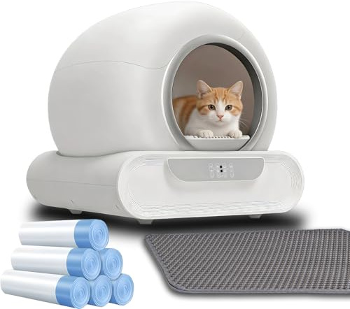 MewThink Katzenklo Selbstreinigend, 65L + 9L Automatisches Katzenklo mit 6 Rollen Müllsäcken Ionischer Desodorierer, Infrarotsensor, eliminiert Geruch für Mehrere Katzen