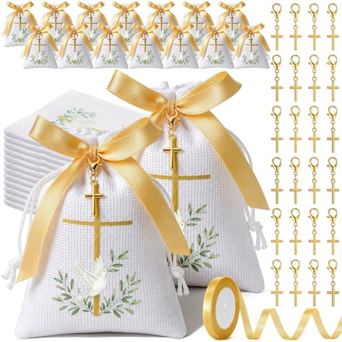 BBTO 25 Bolsas para Detalles de Invitados con Llavero Cruz y Cinta Dorada – Saquitos para Peladillas para Boda, Bautizo o Comunión