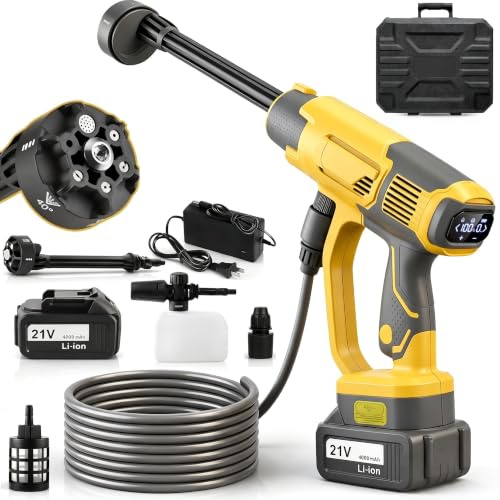 Nettoyeur Haute Pression sans Fil avec Batteries 4,0Ah, Moteur Brushless 1000W, Pression Max. 80 Bar, Débit 240 L/h, avec Écran LCD, Buse 6 en 1 et Tuyau 5M, pour Voiture, Jardin et Camping