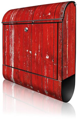 banjado Design Briefkasten 38,5x46,5x13cm & 2 Schlüssel - Briefkasten Stahl Schwarz mit Zeitungsfach pulverbeschichtet - Postkasten A4 Einwurf inkl. Montagematerial - Motiv Rote Holzlatten